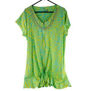 Patio Casuals By Cabernet Womens XL Green & Yellow‎ Zebra House Dress Mumu
